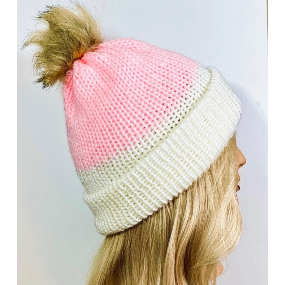 Handmade pink and white beanie